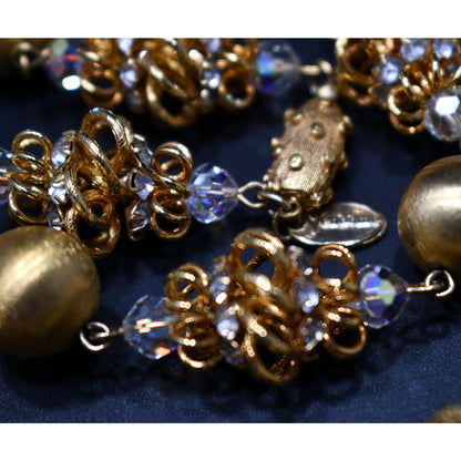 Vendome 1950s Gold Satin & Crystal Cage Bead Necklace | Aurora Borealis & Rhinestone Statement Strand | Vintage Designer Jewelry