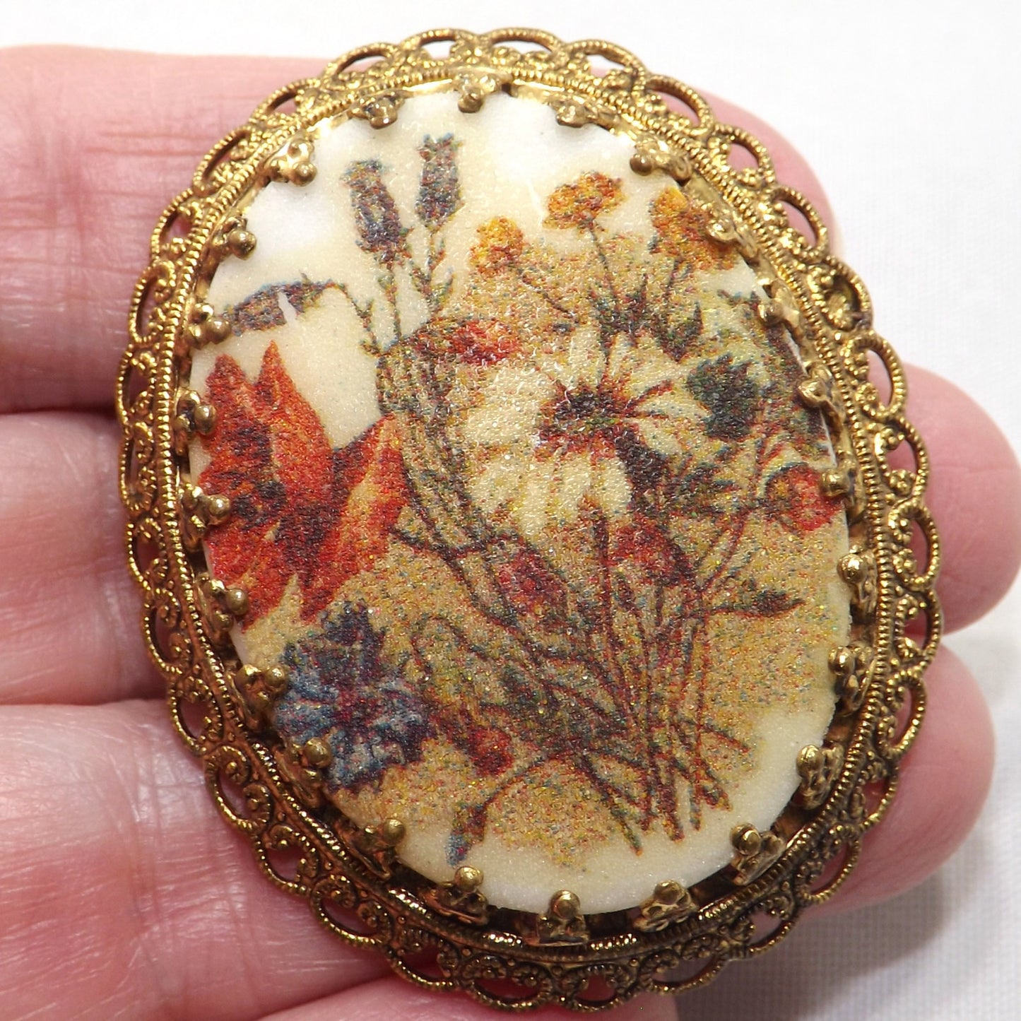 West Germany Sugar Glass Floral Brooch, Filigree Back, 1960s Vintage Jewelry