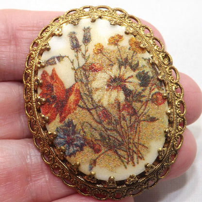 West Germany Sugar Glass Floral Brooch, Filigree Back, 1960s Vintage Jewelry