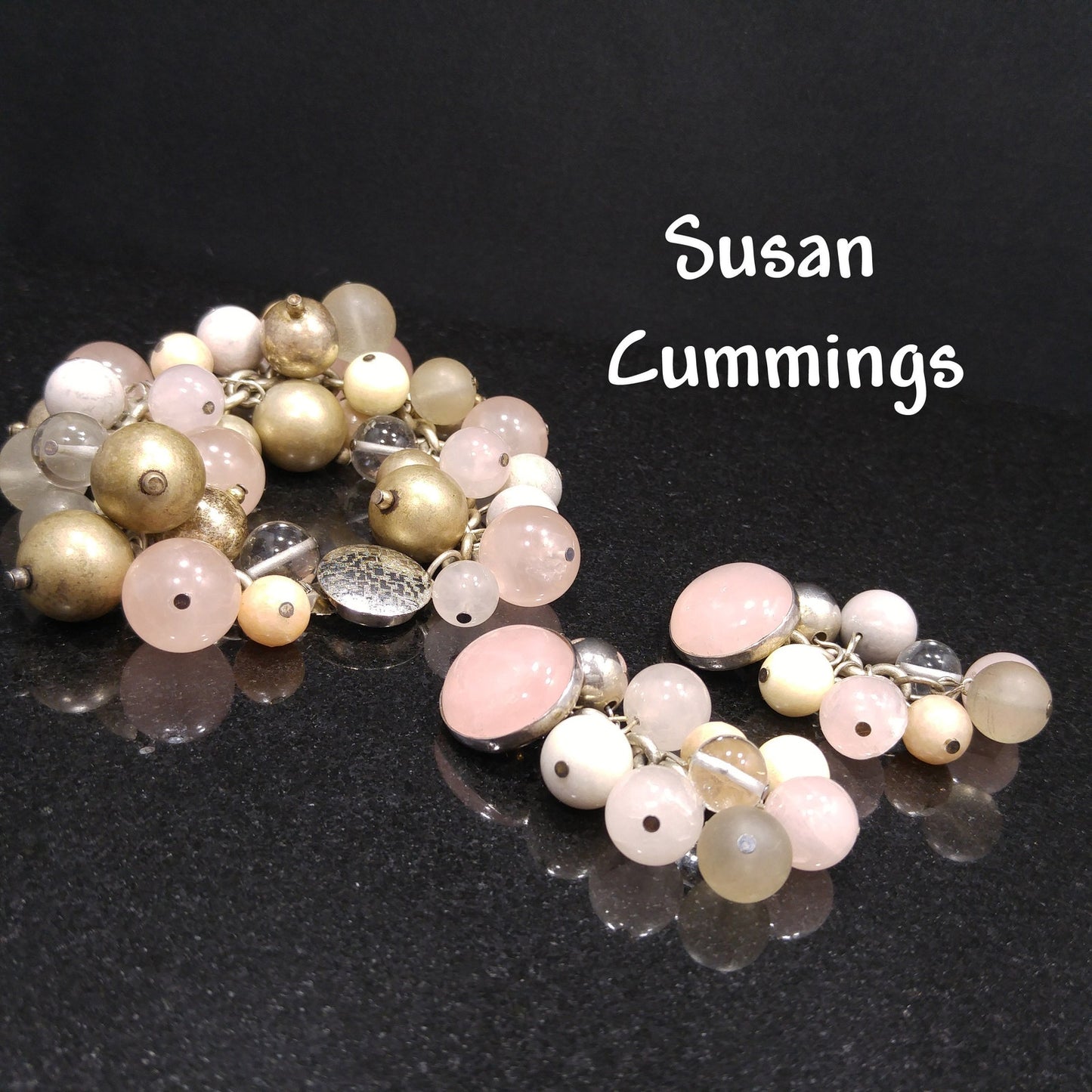 Susan Cummings Beaded Clip Earrings & Bracelet, Sterling Silver, Gemstone Beads