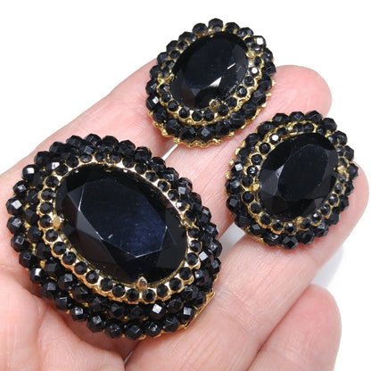 Vendome Black Crystal Brooch & Clip Earrings Set, Gold Plated Vintage Jewelry, Convertible Pendant