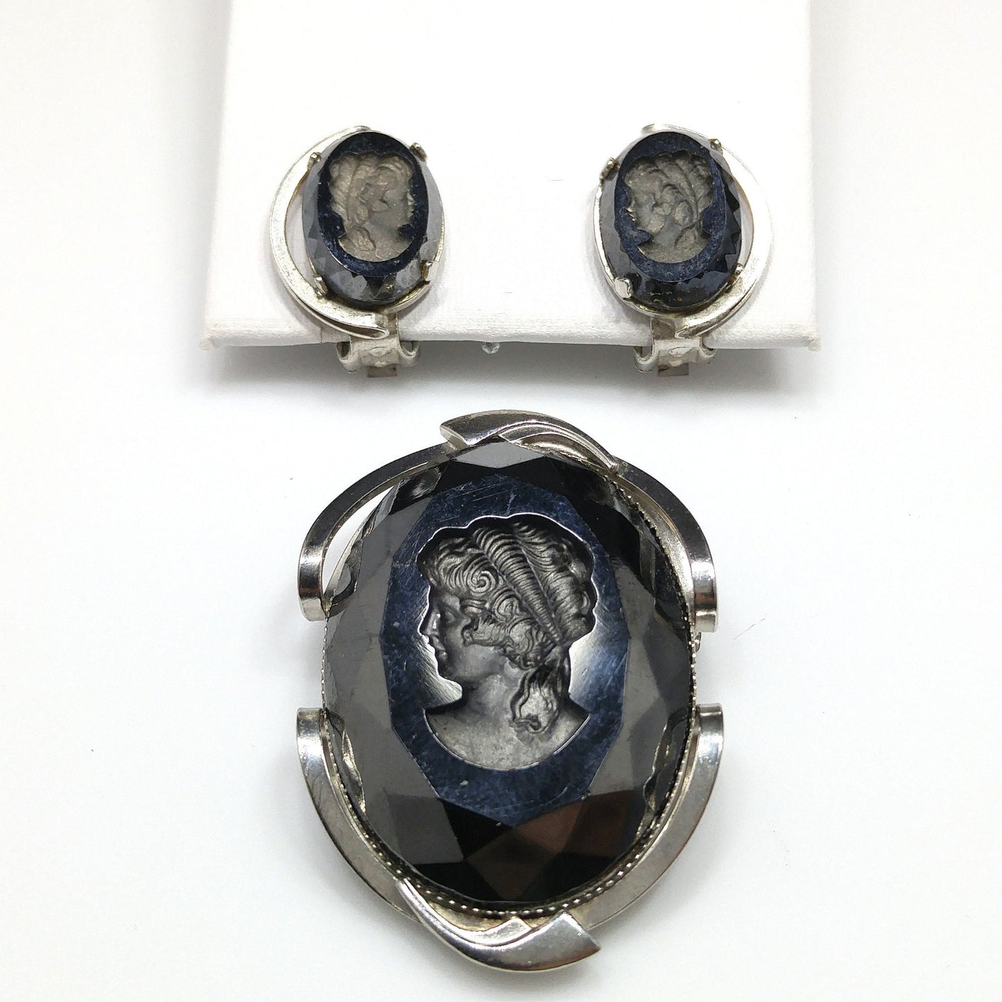 Black Glass Intaglio Cameo Brooch & Clip Earrings, 1960s Vintage Jewelry