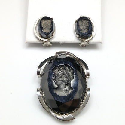 Black Glass Intaglio Cameo Brooch & Clip Earrings, 1960s Vintage Jewelry