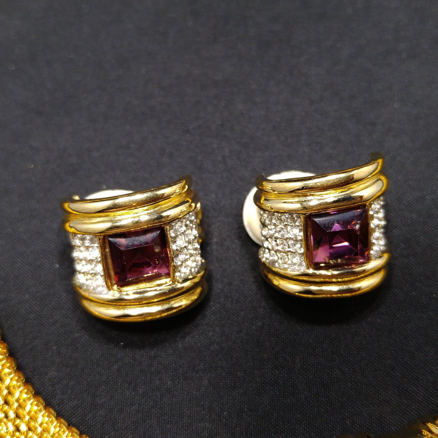 Purple Clear Rhinestone Necklace & Earrings, Gold Plated, 1980s Vintage Jewelry