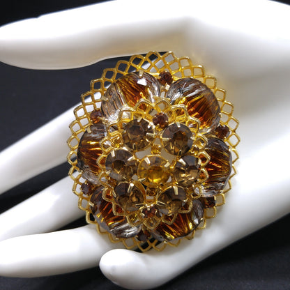 Light Dark Topaz Rhinestones Filigree Brooch, Art Glass, Two Tiered Oval Pin, 1960s Vintage Jewelry