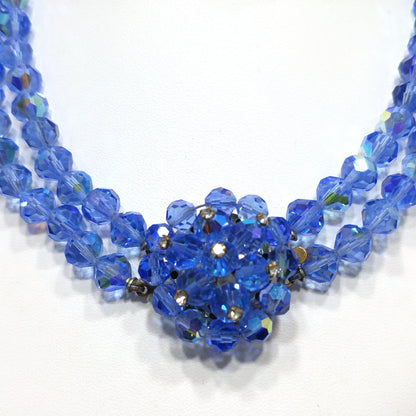 Vintage 1950s Aurora Borealis Blue Crystal Beaded Two-Strand Choker Necklace – Rhinestone Clasp