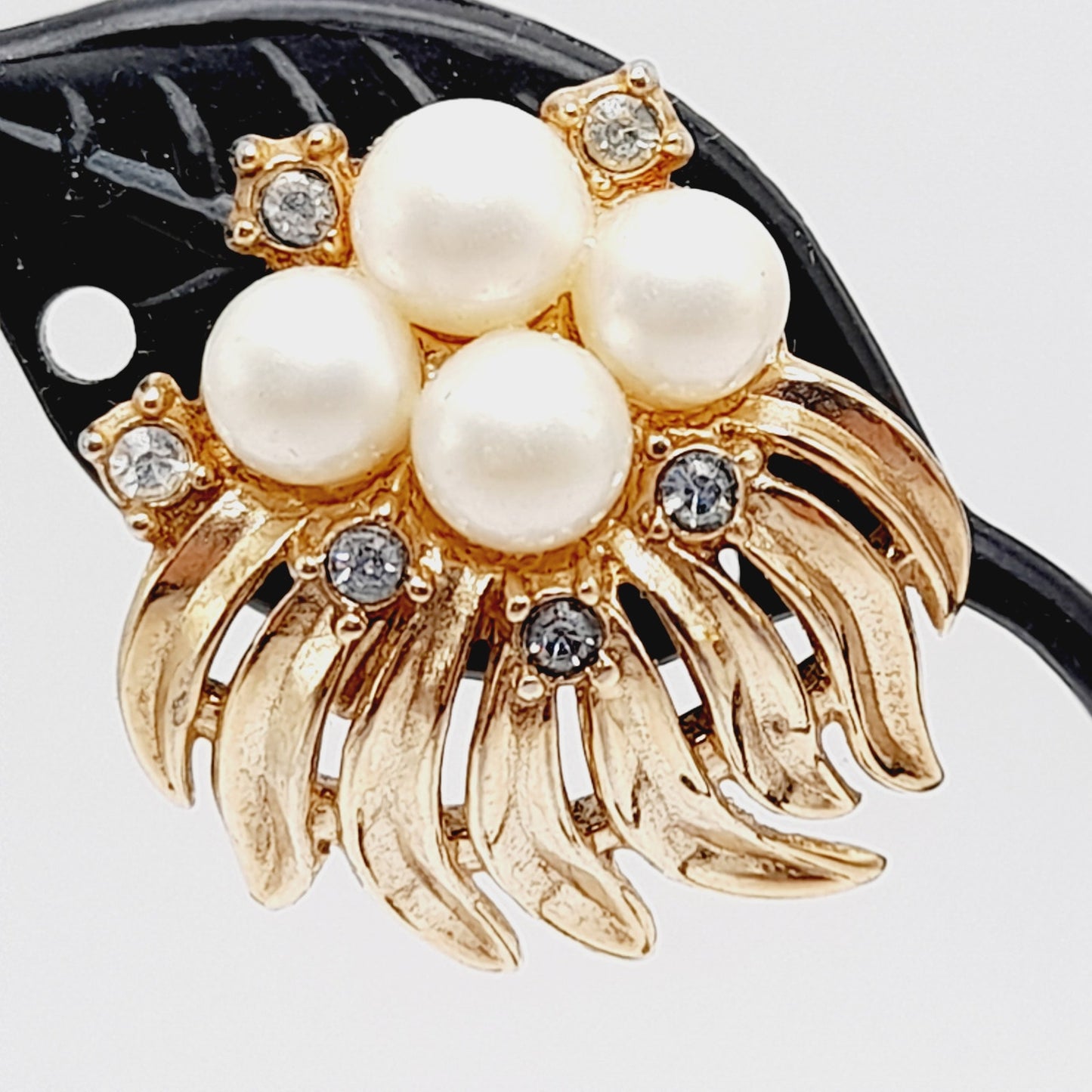 Vintage Crown Trifari Clip Earrings | Faux Pearl & Rhinestone Gold Tone - Mid-Century