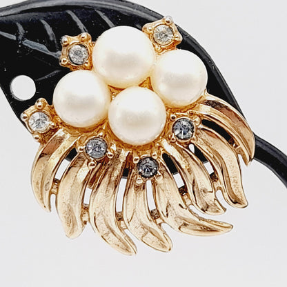 Vintage Crown Trifari Clip Earrings | Faux Pearl & Rhinestone Gold Tone - Mid-Century