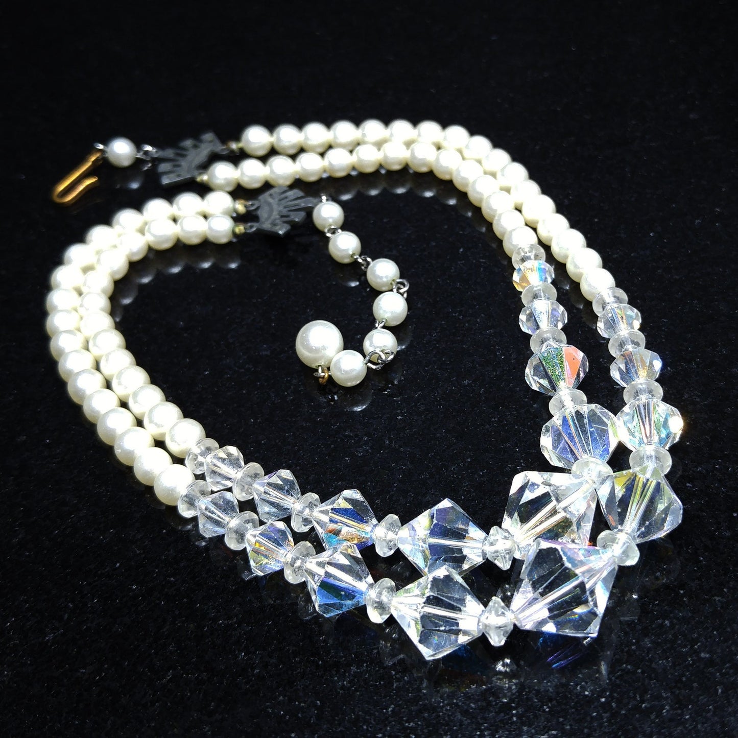 Wedding Bridal Faux Pearl AB Crystal Beaded Necklace, 2 Strands, 1950s Vintage
