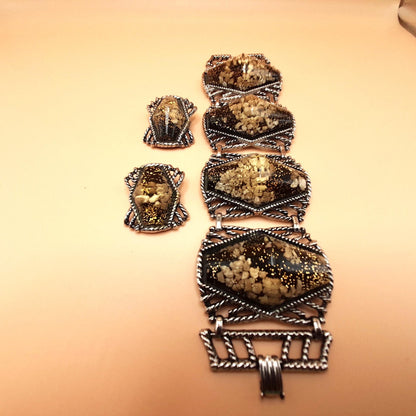 Vintage Unsigned Selro Selini Jewelry: Bracelet Earrings Set, Chunky Confetti Lucite, Clip Earrings, 1950s Vintage Jewelry