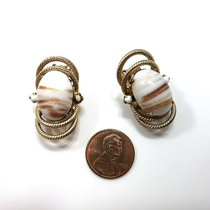 Hobe' White & Gold Earrings, Gold Plated, Art Glass, 1950s Vintage Jewelry