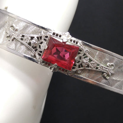 Emerald Cut Red Rhinestone Hinged Bracelet, Silver Tone, 1970s Vintage Jewelry
