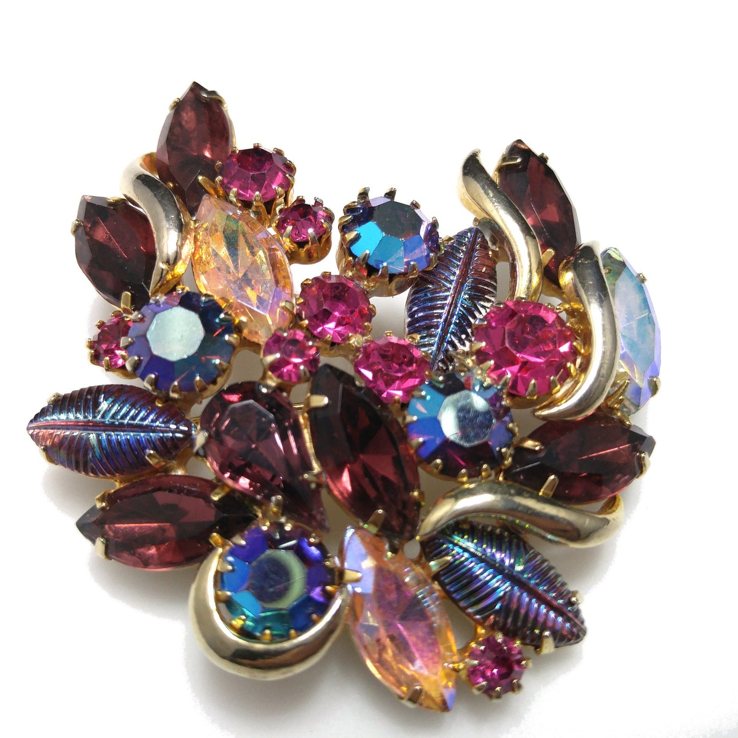 Designer Art Glass Rhinestone Brooch, Carnival Glass, Gold Plated, 1950s Vintage Jewelry