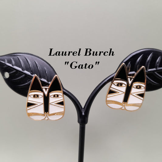 Vintage Laurel Burch "Gato" Cat Post Earrings, Enamel, Gold Plated, 1980s