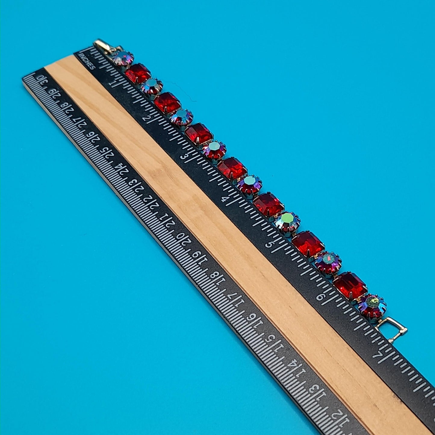 Weiss Red and Aurora Borealis Rhinestone Bracelet – 1960s Gold Tone Vintage Jewelry