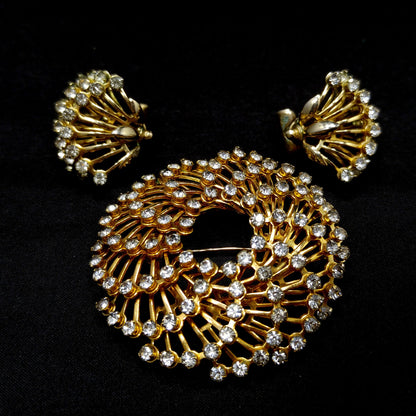 Vintage Hattie Carnegie Rhinestone Brooch & Earrings, Gold Plated, 1950s