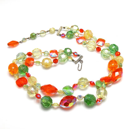 Crystal & Molded Glass Beaded Necklace, Orange Green Yellow, 1950s Vintage Jewelry