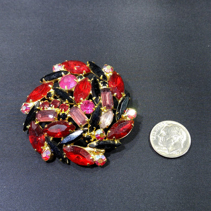 Red & Purple Juliana Style Brooch, Gold Plated, 1960s Vintage Jewelry