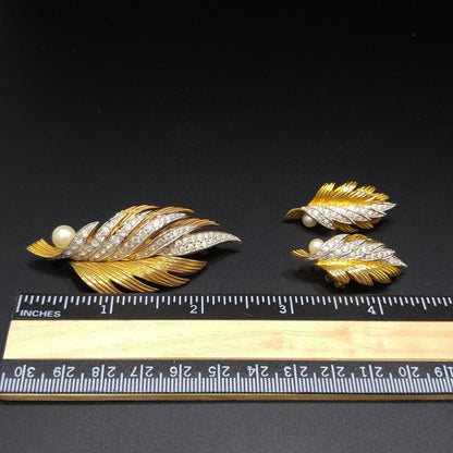 Jomaz Leaf Brooch Earrings Set 1940s 50s Gold Pave Rhinestones Pearl Vintage