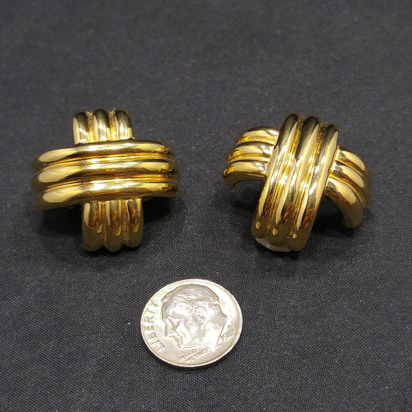 Ciner Gold Plated Cross Earrings, Signed Clips, 1980s Vintage Jewelry