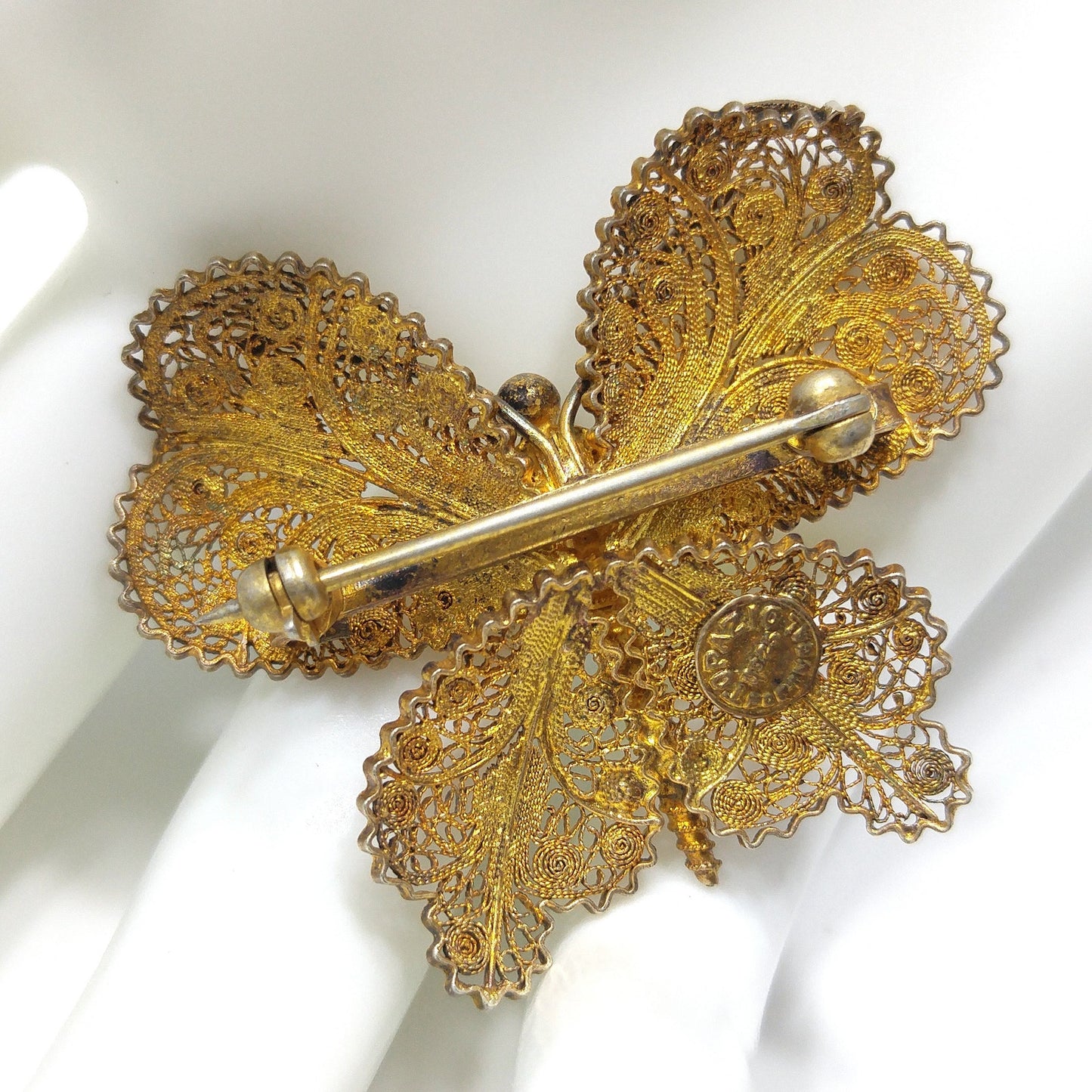 Vintage Topazio Portugal 925 Vermeil Filigree Butterfly Brooch 1940s
