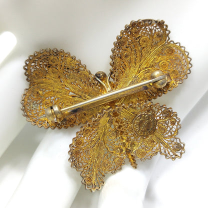 Vintage Topazio Portugal 925 Vermeil Filigree Butterfly Brooch 1940s