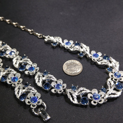 Lisner Blue Necklace & Bracelet Set, Rhodium Plated, Aurora Borealis, 1960s Vintage Jewelry