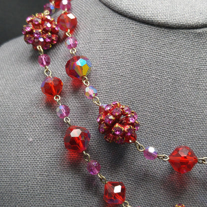 Vendome Red Crystal Necklace, Rhinestone Clusters, Two Strands, 1950s Vintage