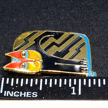 Laurel Burch "Fantasticat" Cat Brooch, Cloisonne Gold Plate, Enamel Pin, 1980s Vintage Jewelry