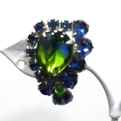 Weiss Blue Green Rhinestone Earrings, Rhodium Plated, 1950s Vintage Jewelry