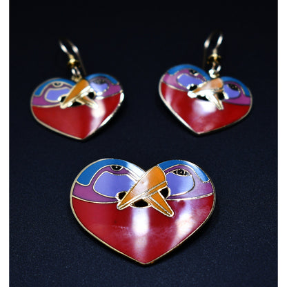 Laurel Burch "Bird Heart" Red Brooch & Earrings, Gold Plated Cloisonne Enamel, 1980s Vintage Jewelry