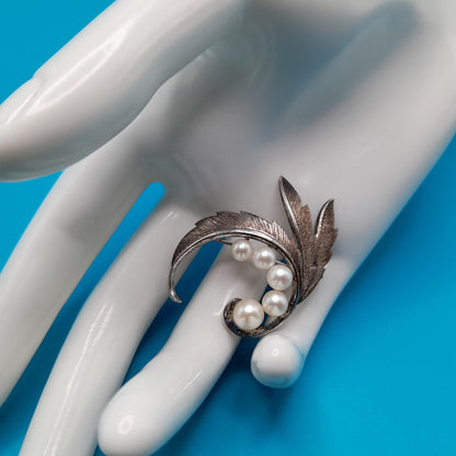 Vintage Mikimoto Akoya Sterling Pearl Brooch, Leaves Accents, 1950s Vintage Jewelry
