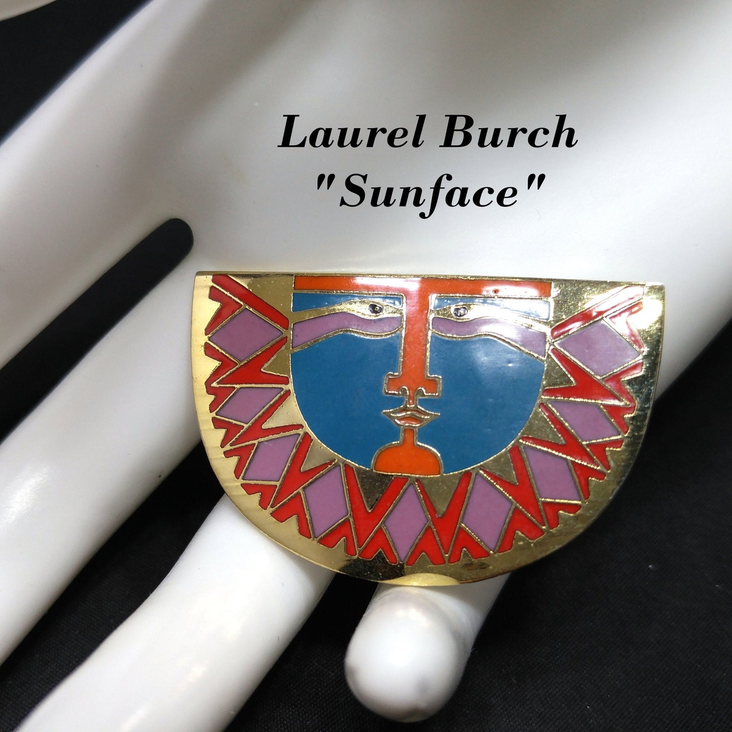 Laurel Burch "Sunface" Brooch, Snake Eyes, Gold Plated, 1980s Vintage Jewelry