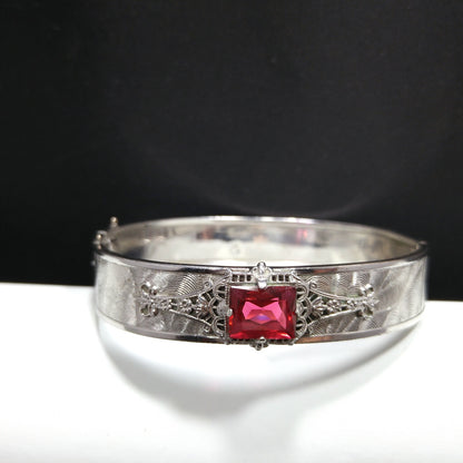 Emerald Cut Red Rhinestone Hinged Bracelet, Silver Tone, 1970s Vintage Jewelry