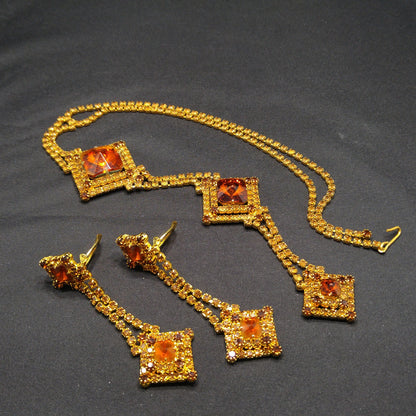 Topaz Glass Rhinestones Long Necklace Earrings, Rivoli Rhinestones, Gold Plated, 1960s Vintage Jewelry