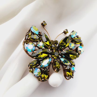 Regency Jewels Butterfly Green Austrian Crystal Rhinestone Brooch, 1940s