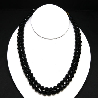 Hobe' Long Black Glass Faceted Bead Necklace, 36 Inches, 1950s Vintage Jewelry