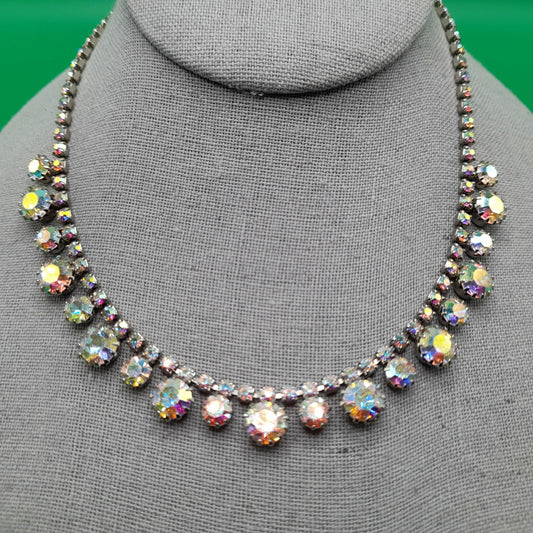 Aurora Borealis Rhinestone Choker Necklace, Rhodium Plated, 1960s Vintage Jewelry
