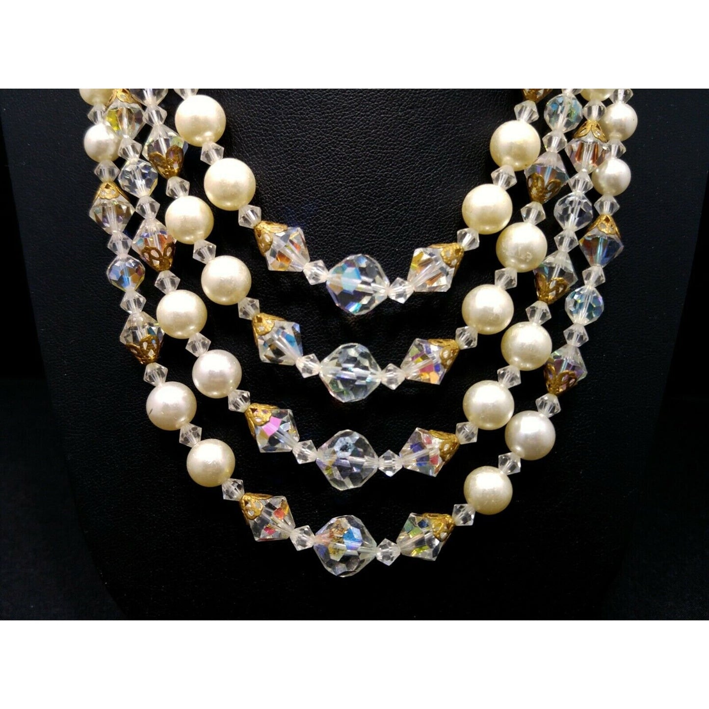 Mid Century AB Crystal Bead Necklace, Faux Pearls, Aurora Borealis, 1960s