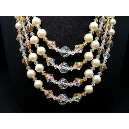 Mid Century AB Crystal Bead Necklace, Faux Pearls, Aurora Borealis, 1960s