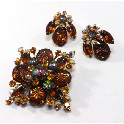 Vintage Beau Jewels Root Beer Molded Glass Watermelon Rhinestone Brooch Set