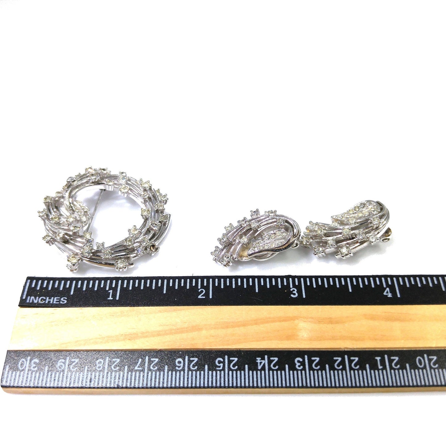 Ciner Clear Rhinestone Brooch & Earrings, Rhodium Plated, 1950s Vintage Jewelry