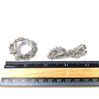 Ciner Clear Rhinestone Brooch & Earrings, Rhodium Plated, 1950s Vintage Jewelry