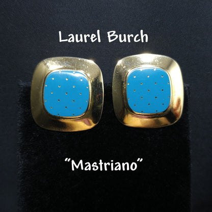 Vintage Laurel Burch "Mastriano" Clip Earrings, Teal Blue Enamel, Gold Plated