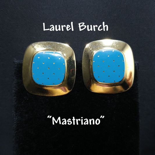 Vintage Laurel Burch "Mastriano" Clip Earrings, Teal Blue Enamel, Gold Plated