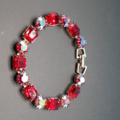 Weiss Red and Aurora Borealis Rhinestone Bracelet – 1960s Gold Tone Vintage Jewelry