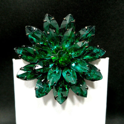 Vintage Emerald Green Rhinestones Floral Japanned Brooch, Mid-Century Flower Pin, 1950s Vintage Jewelry