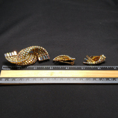 Mid-century Modern AB Rhinestone Brooch Earrings, Gold Plated, 1960s Vintage Jewelry