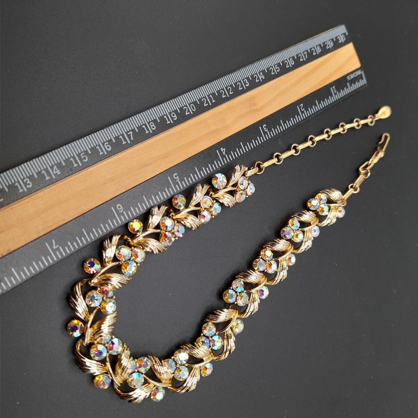 Vintage Lisner Aurora Borealis Rhinestone Choker Necklace, Gold Tone, 1950s