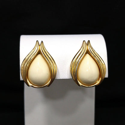 Christian Dior Cream Gold Plated Earrings, Rose Bud Shaped, 1980s Vintage Jewelry